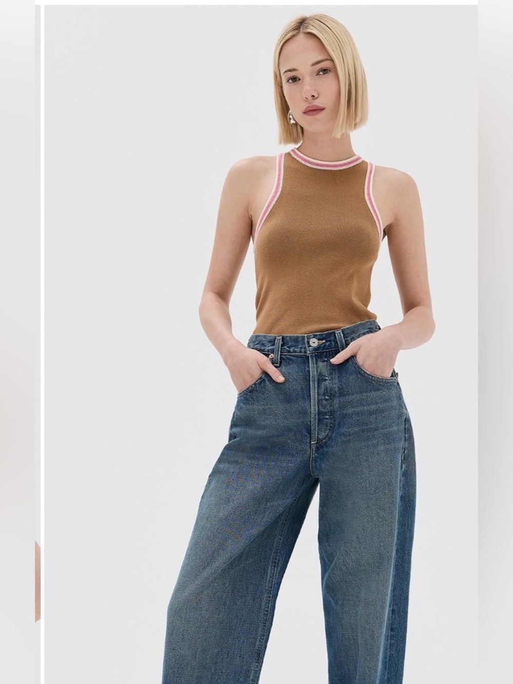 A.L.C. Sleeveless Ribbed Tank in Brown with Pink Trim